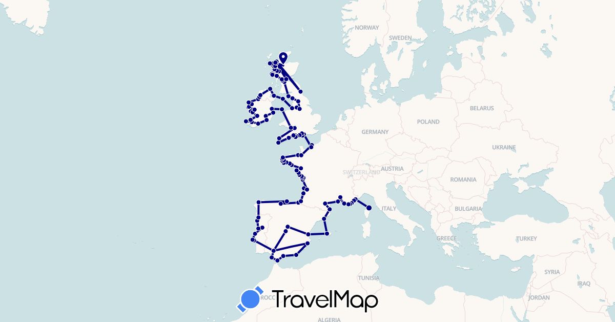 TravelMap itinerary: driving in Spain, France, United Kingdom, Gibraltar, Ireland, Isle of Man, Portugal (Europe)