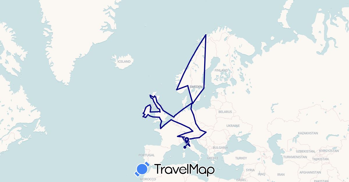 TravelMap itinerary: driving in Austria, Belgium, Switzerland, Czech Republic, Germany, Denmark, France, United Kingdom, Croatia, Hungary, Ireland, Italy, Liechtenstein, Netherlands, Norway, Sweden (Europe)